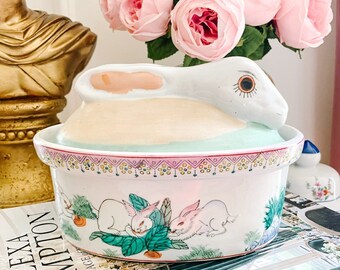 Vintage Bunny Rabbit Covered Tureen, Easter Bunny Dinner Table Decor