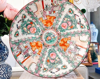 Large Rose Medallion Shallow Charger, Chinoiserie Chic Decor, Large Famille Rose Canton Decorative Plate