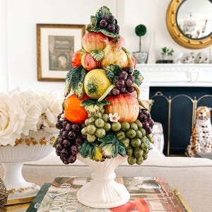 Large 17&quot; Italian Mixed Fruit Topiary, Italian Capodimonte Porcelain Topiary, Italian Fruit Centerpiece