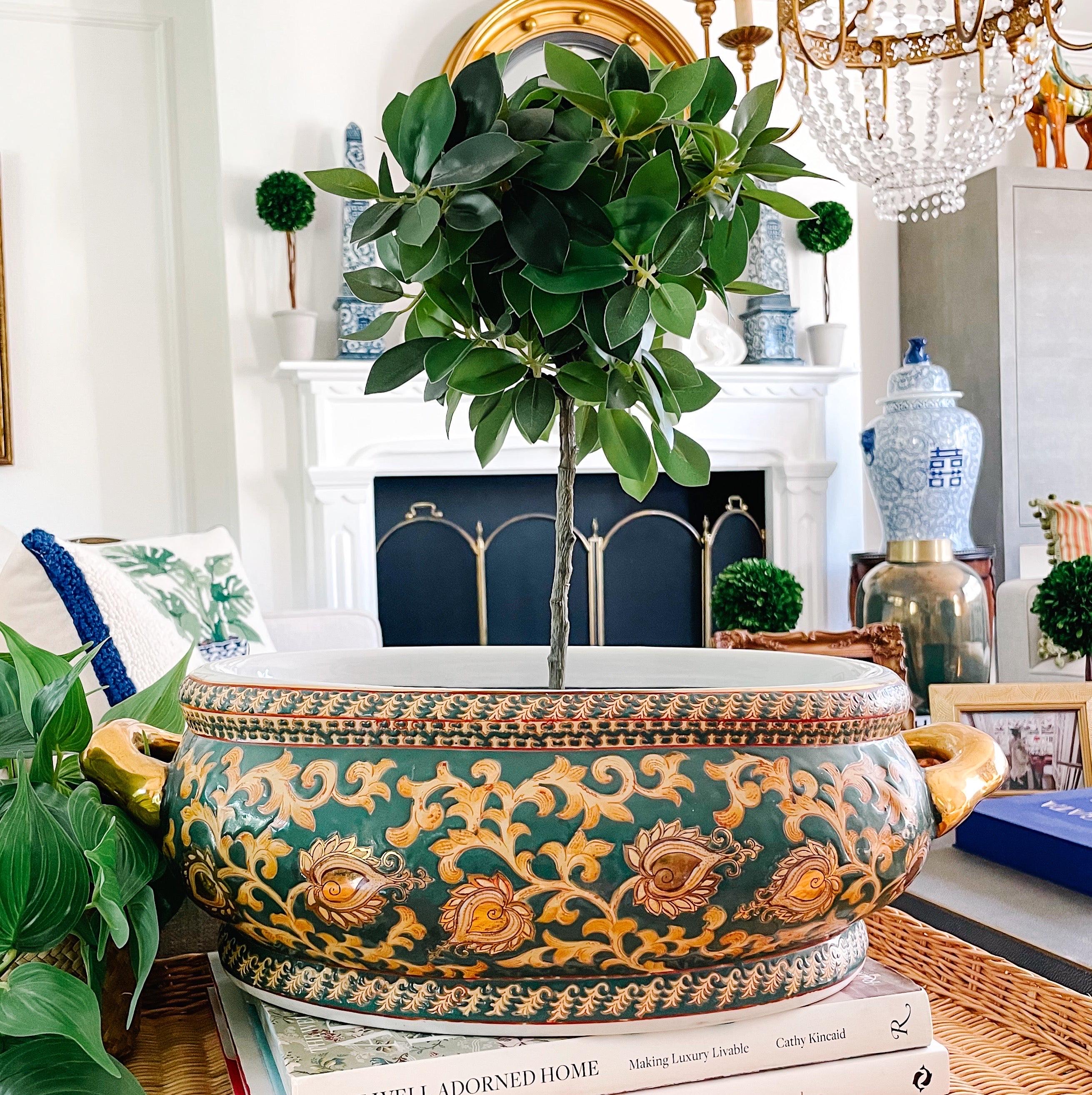 Large 19” Green & Gold Foot Bath Planter, Gold Chinoiserie
