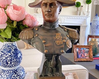 French Bronze Bust of Napoleon on Marble Base; 19"H Emperor Napoleon Bust, First Empire Decor