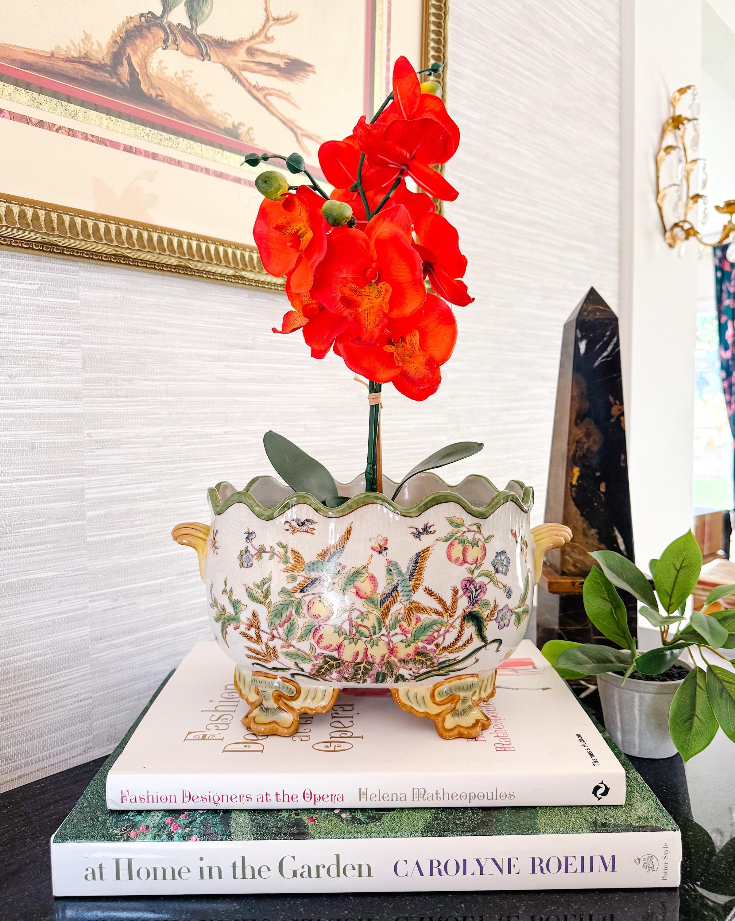 Chinoiserie Scalloped Foot Bath Jardiniere, Vintage Fruit & Birds Footed Cachepot, Chinoiserie Jardiniere Pot, Oval Orchid Planter