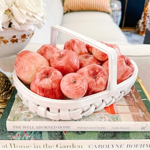 Italian Glazed Ceramic Apple Basket Centerpiece for Bergdorf Goodman, High Glaze Ceramic Fruit Porcelain Topiary, Italian Fruit Centerpiece