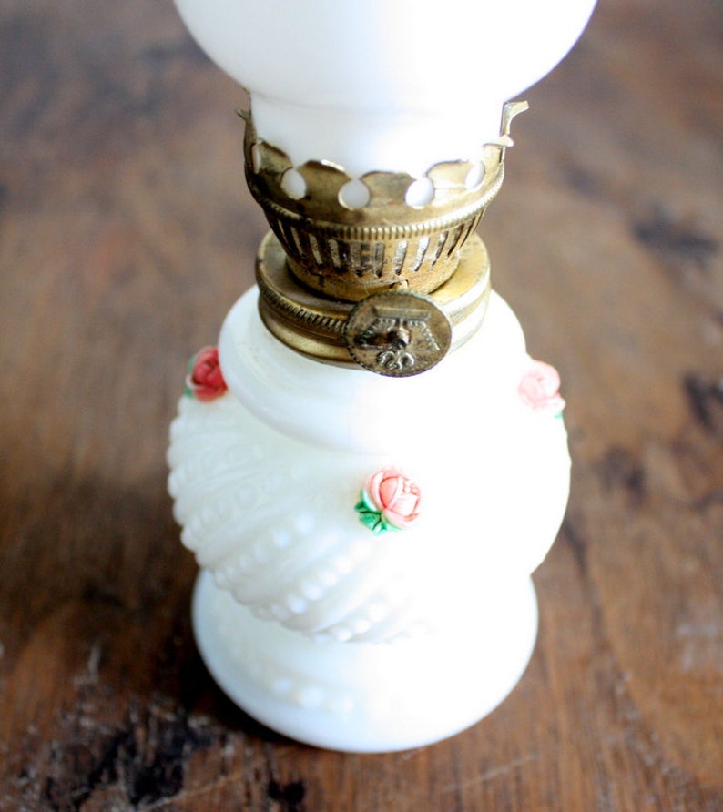 Miniature Hobnail Milk Glass Oil Lamp With Pink Roses / Mini Etsy