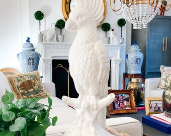 Life Size Italian White Cockatoo Parrot, Italian Glazed Porcelain Parrot