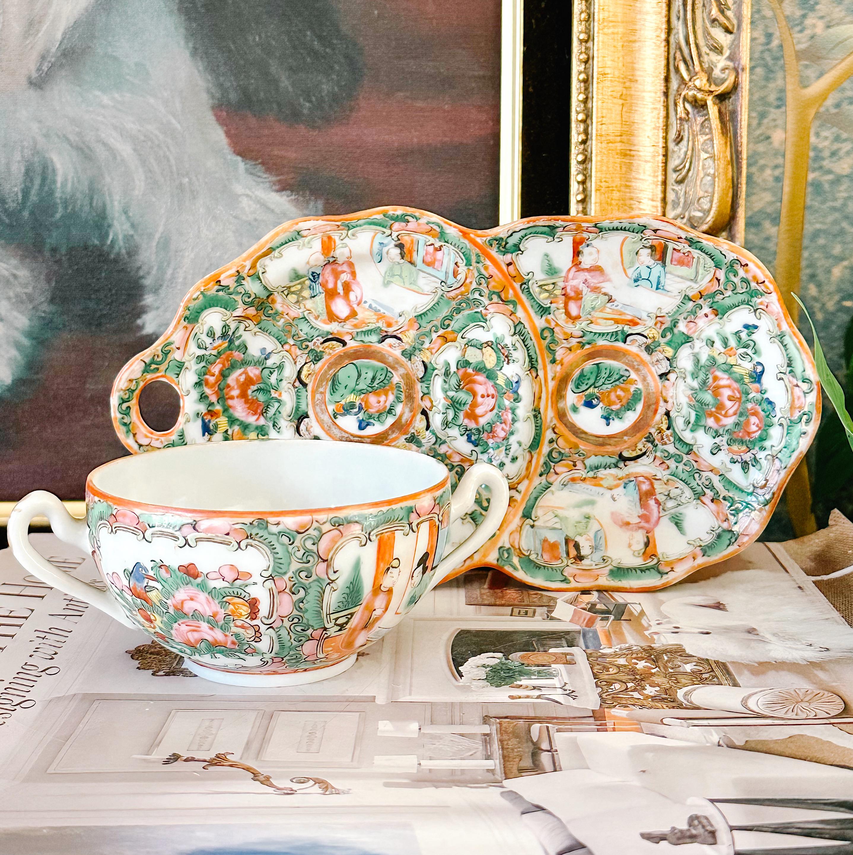 アンティーク　チャイナ　ローズメダリオン ２枚　Chinese Rose Rose Medallion Chinese Woven Tea Basket with 2 Cups & a