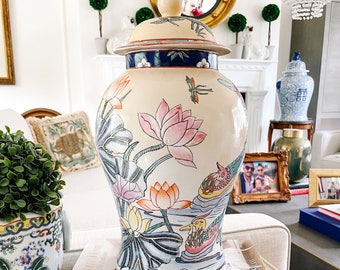 Tall 15.5" Chinoiserie Jar With Mandarin Ducks, Herons, Water Lilies, Chinoiserie Temple Jar, Chinoiserie Chic Decor