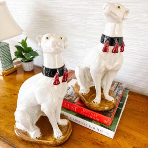 Hollywood Regency Whippet Figurines: Large Pottery Greyhound Statues, Pair