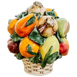 Monumental Hand-Made Italian Topiary With Mixed Fruit Basket for Intrada, Large Mixed Fruit Italian Porcelain Topiary