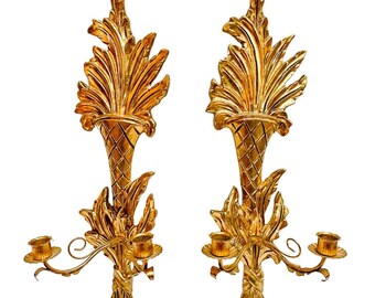 1960s Italian Wall Sconce Candlestick Holders, Giltwood Two-Arm Candle Holders, Rococo Decor