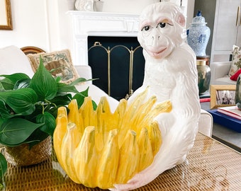 XL 1950s Italian Glazed Ceramic Monkey Holding Banana Bowl