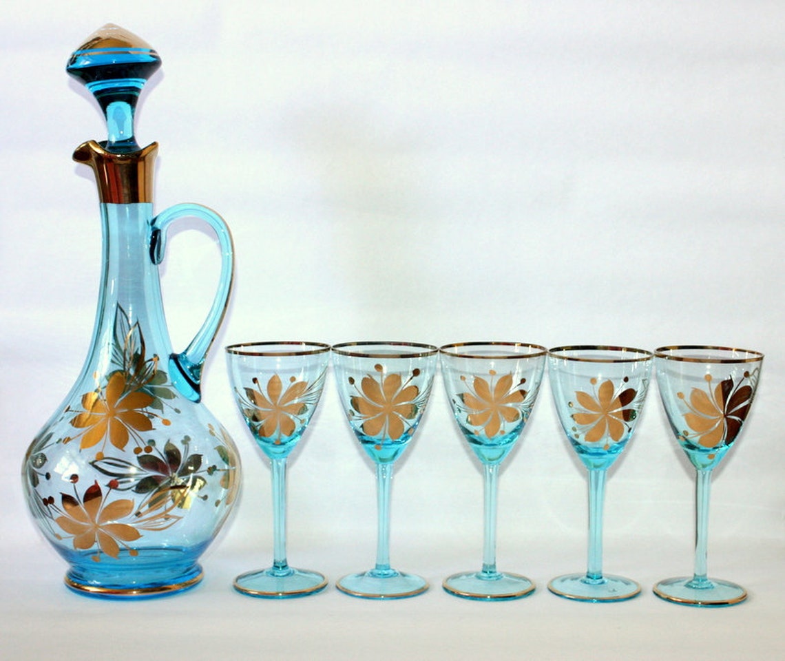 Vintage Romanian Blue Glass Decanter Set with Metallic Gold Etsy