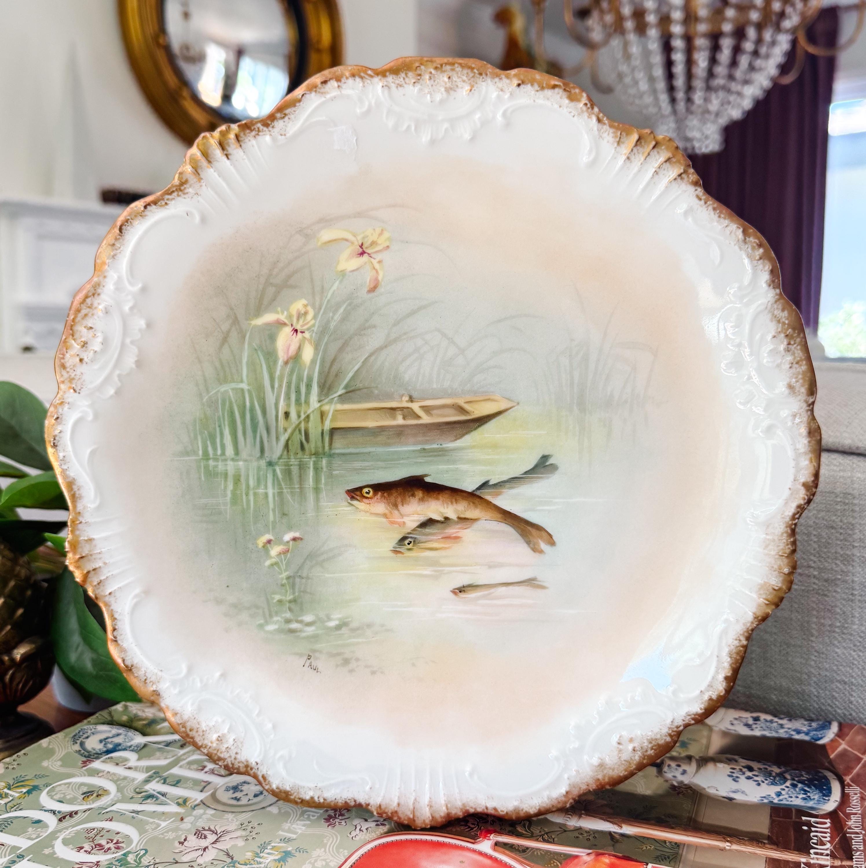 French Limoges Fish Plate, Hand-painted Antique French Fish Plate