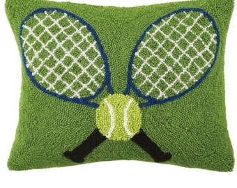 Green Crossed Tennis Racquets Hook Pillow, Wool Hooked Boho, Tennis Throw Pillow, Decorative Pillows, Hook Pillow