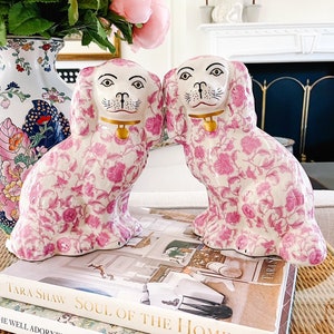 9" Pink Floral Staffordshire Style Spaniel Dogs, Pair Of Pink Mantle Dogs, Spaniels Figurines