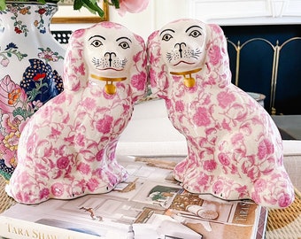 9" Pink Floral Staffordshire Style Spaniel Dogs, Pair Of Pink Mantle Dogs, Spaniels Figurines