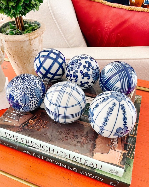 Set of 6 Large Blue and White Carpet Balls Chinoiserie Chic Etsy