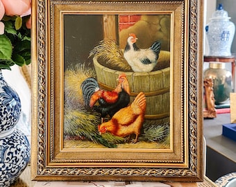 Oil on Canvas Painting of Chickens In Barnyard; Vintage Farmhouse Painting On Canvas