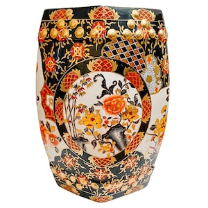 Mid-Century Japanese Imari Hexagonal Porcelain Garden Stool, Chinoiserie Porcelain Garden Seat, Chinoiserie Garden Stool, Plant Stand