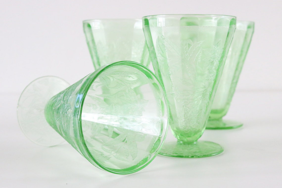 Green Etched Ice Cream Footed Glass Cups Set Of 4 Vintage Etsy