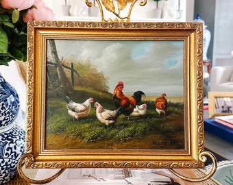 Oil on Canvas Painting of Chickens In Farm; Vintage Farmhouse Painting On Canvas
