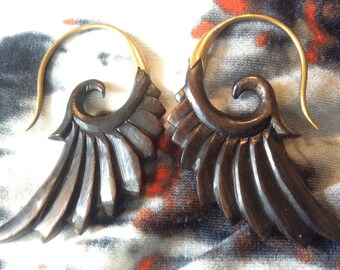 Hand carved Sono Wood brass WING earrings 12 gaugee