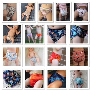 May include: A collage of 16 images showcasing various cloth diaper designs. The diapers feature a variety of colours, patterns, and prints, including space-themed, animal, and abstract designs. The images show babies and toddlers wearing the diapers.