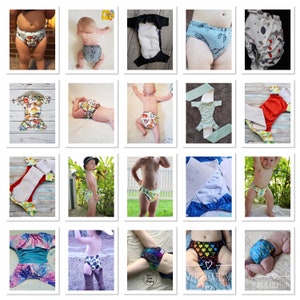 May include: A collection of different cloth nappies in various colours and patterns, including a green and white nappy with a dinosaur print, a blue and white nappy with a space theme, and a red and white nappy with a floral print.