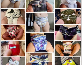 May include: A collage of 12 images showcasing different styles of cloth diapers with various patterns and colors. The diapers feature adjustable snaps and a variety of designs, including a watermelon print, a skull and crossbones print, and a blue and white tie-dye print.