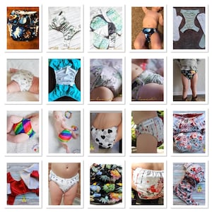 Può includere: Una collezione di pannolini di stoffa in vari colori e motivi, tra cui stampe arcobaleno, floreali e animali. Alcuni pannolini sono mostrati su neonati e bambini piccoli, mentre altri sono disposti piatti.
