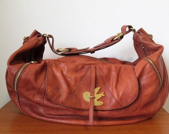 Extra Large, Marc Jacobs, shoulder bag, leather, camel, brown, vintage, genuine leather, boho, travel, gold, bird, brass