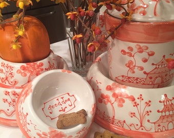 Hand Painted Chinoiserie Dog Bowl  LARGE Bittersweet Orange copyright