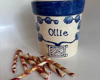 Hand Painted Blue and White Treat Canister     Dog Treat Jar. Kitchen canister. Bathroom canister. Copyright design
