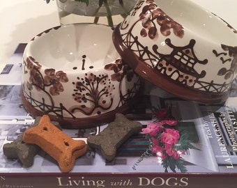 Hand Painted Chinoiserie Dog Bowl -  Brown  Large