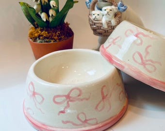 Hand Painted Pink Bows Dog Bowl - Medium ***COPYWRITED DESIGN