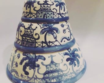 Hand Painted Chinoiserie Dog Bowl - Large Blue ***for personalization you must purchase separate listing****