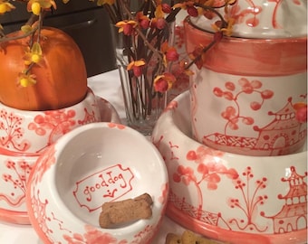Chinoiserie Dog Bowl  Hand painted - medium Bittersweet Orange