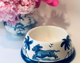 Hand Painted Chinoiserie/Dachshund Doxie Dog Bowl - Medium  Blue COPYRIGHT Base is 8" across