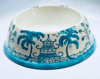 Hand Painted Chinoiserie Dog Bowl -  Caribbean Blue  Large     *******to add a name, the personalization listing must must be pur