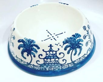 Hand Painted Blue - Chinoiserie Dog  Bowl   LARGE