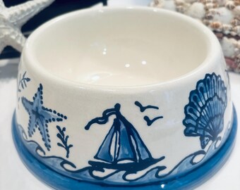 Hand Painted Nautical Coastal Seaside Dog Bowl - Medium  Blue COPYRIGHT Base is 8" across