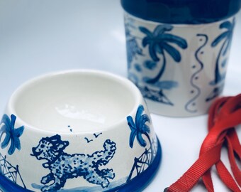 Hand Painted Chinoiserie/Doodle Dog Bowl - Small Blue  Hand painted Bowl - Goldendoodle,  Labradoodle, Bernadoodle,  Mini Doodle