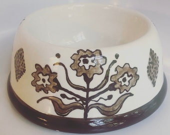 Hand Painted Marigold Design Dog Bowl - Medium Brown ***for personalization you must purchase separate listing****