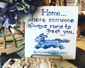 Home is where...Longhair Daschund/ English Cream Daschund trivet  COPYRIGHT