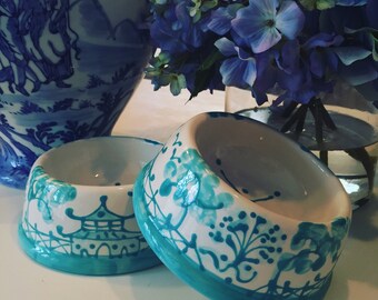 Hand Painted Chinoiserie Dog Bowl - MEDIUM Caribbean Blue --copyright design