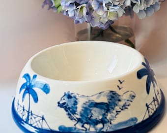 Hand Painted Chinoiserie/Collie Dog Bowl - Medium  Blue COPYRIGHT Base is 8" across