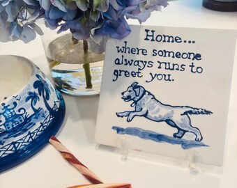 Home is where...Lab Labrador Trivet  Hand painted.  Signed on back COPYRIGHT