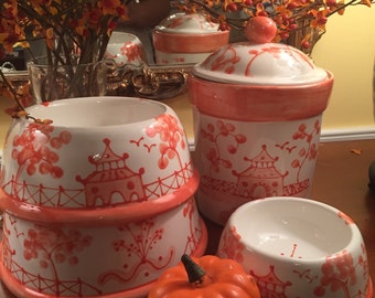 Hand Painted Bittersweet Orange and White Treat Canister   Copyright design