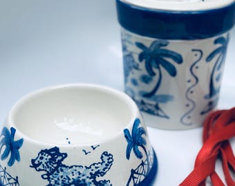 Hand Painted Chinoiserie/Doodle Goldendoodle Labradoodle Bernadoodle  Mini doodle Dog Bowl - Medium  Blue COPYRIGHT Base is 8" across