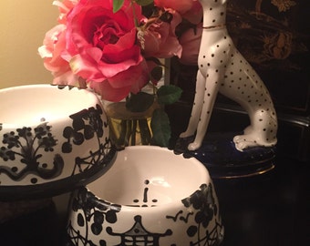 Hand Painted Chinoiserie Dog Bowl -  Black Large